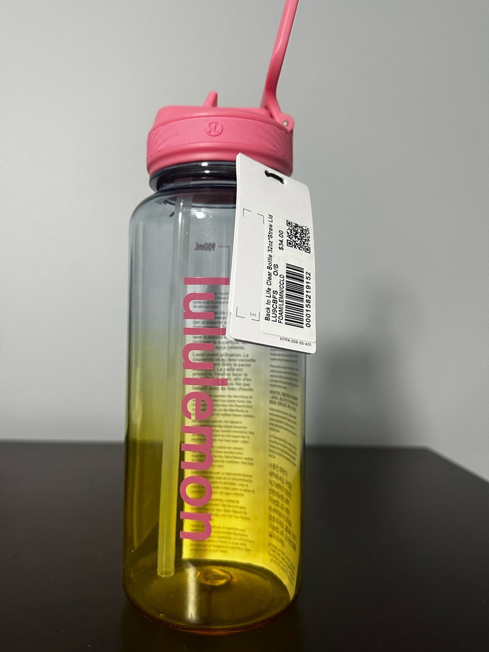 Lululemon Back to Life Clear 32oz Bottle w/ Straw Lid BPA Free Pink & Yellow NWT - Picture 2 of 7